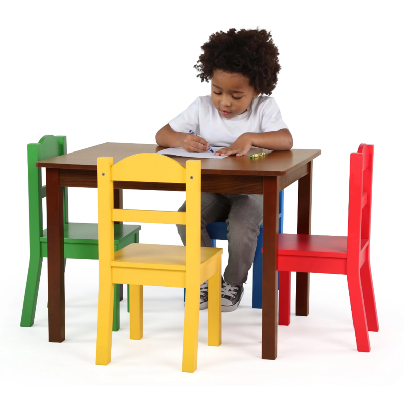 Set tavolo in legno per bambini primari e 4 sedie, legno naturale/primario