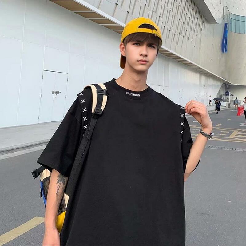 Men Pattern T-shirt Japanese Style Patchwork Men's T-shirt With Loose Fit Crew Neck For Summer Streetwear Fashion Round Neck Top