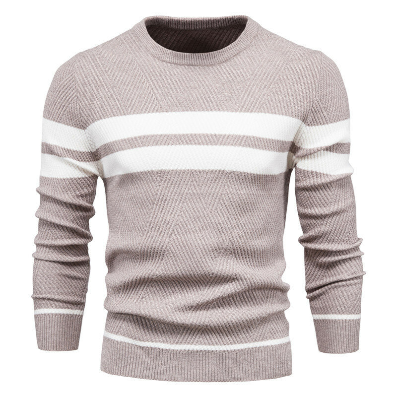 Suéter listrado casual masculino, pulôver combinando cores, gola redonda, camisa de fundo de malha, manga comprida, outono, inverno