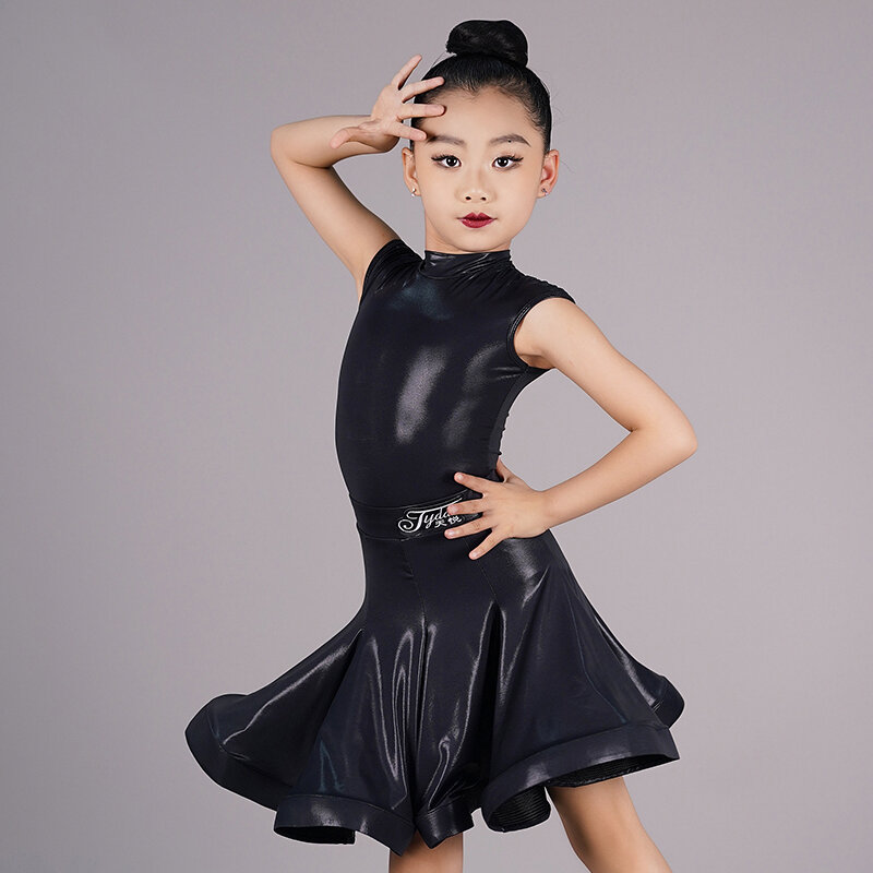 Kids Girls Black Latin Dance Competition Dress abito senza maniche elastico Cha Cha Rumba Dance Practice Performance abbigliamento NV20347