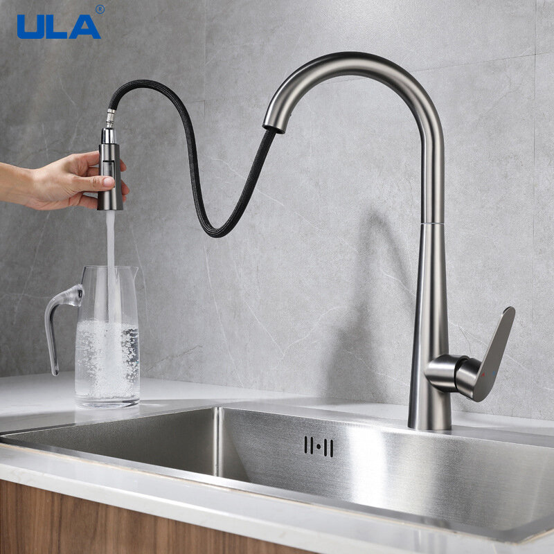 ULA Pull Out Kitchen Faucet Chrome Black Kitchen Hot Cold Water Mixer Tap Sink Faucet for Kitchen Stainless Steel Tap Nozzle