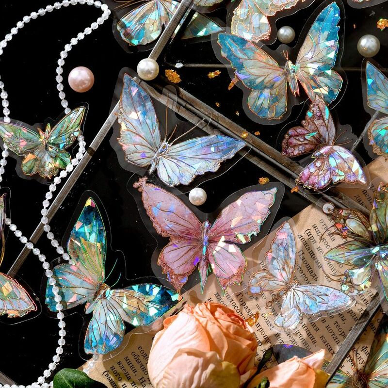Ręcznie robiony kryształ lodowy laserowy naklejka z motylami Retro dekoracyjny motyl motyl Collage naklejki PET DIY rzemiosło papeteria