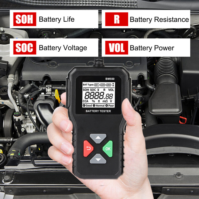Herramienta de detección de sistema de batería de coche, Analizador de batería automático BM550 negro, 100-2000 CCA, 6V, 12V, 24V