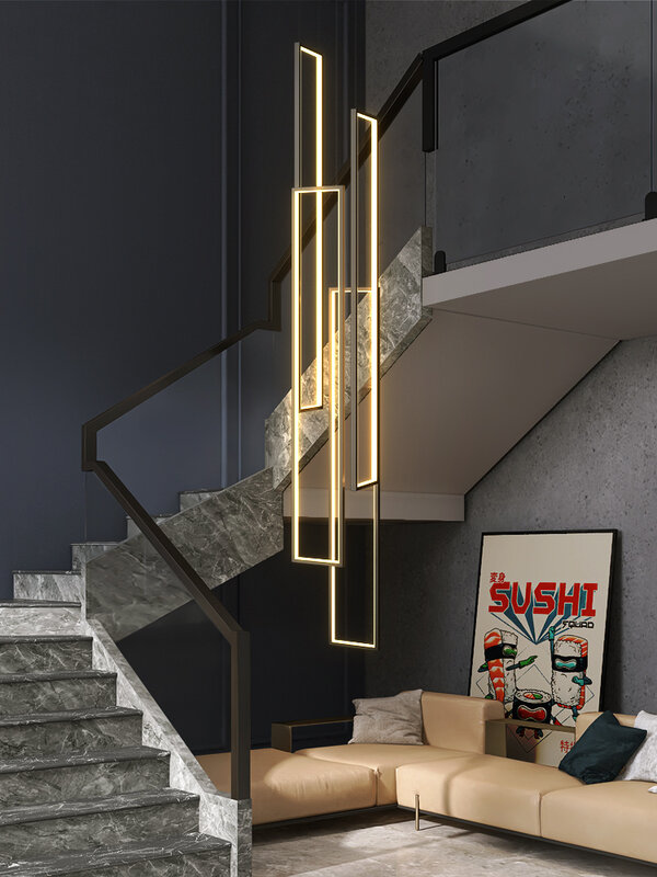 Modern LED Stair long chandelier minimalist creative rectangular villa duplex chandelier Nordic luxury loft living room Lamps