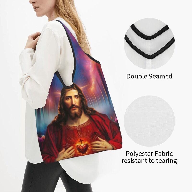 Santo Jesus Cristo Sagrado Coração Mercearia, durável, grande, reutilizável, reciclar, dobrável, religioso Saint Católica Shopping Eco Bag