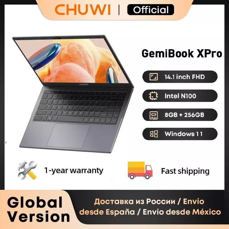 Chuwi Gemibook XPro Laptop Intel N100 Prozessoren 8GB RAM 256GB SSD 14,1 Zoll UHD-Bildschirm mit Lüfter Windows 11 Notebook