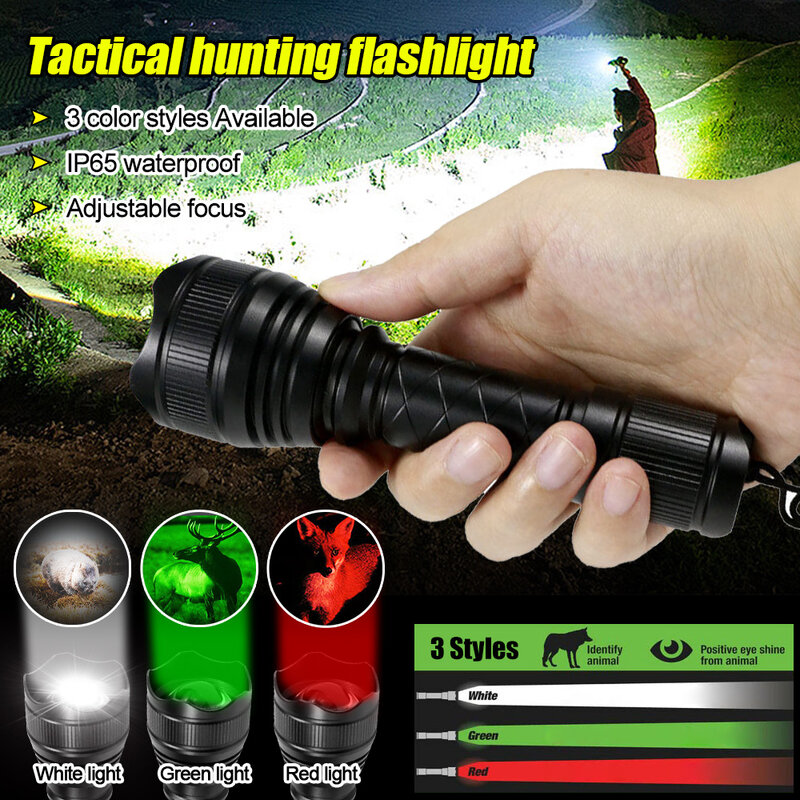 Zoomable impermeável lanterna led, caça tocha, vermelho, verde, branco holofote, quente, predador varmint, 1 modo, alto brilho, 500 jardas