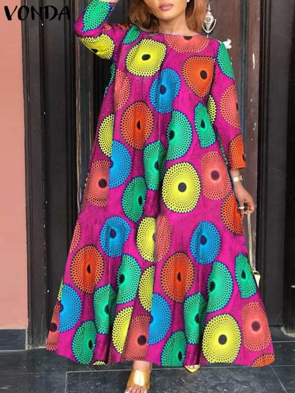 Летнее винтажное длинное платье размера плюс 5XL VONDA, женский модный Богемный Макси Сарафан с принтом, повседневный свободный женский халат с рукавом 3/4