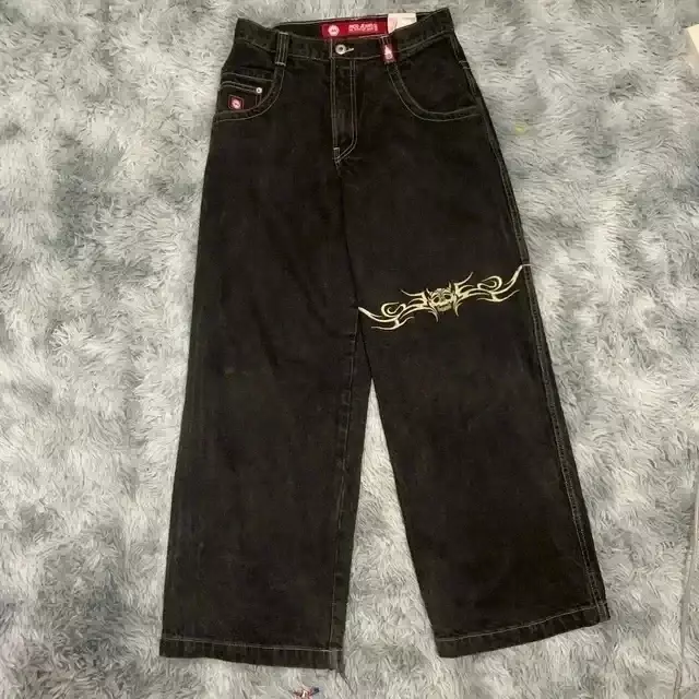 Calça jeans bordada com carta casual masculina, calça gótica, moda Harajuku, perna larga, retrô Y2K, rua alta americana