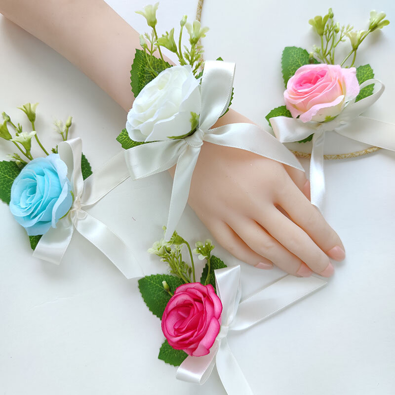 Boutonniere gelang korsase pengantin pria, aksesori bunga sutra bunga mawar buatan untuk pesta Prom