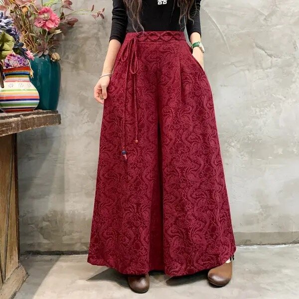Pantalon Vintage Chinois en Coton et Lin pour Femme, Jacquard, Ample, Traditionnel, à Jambes Larges, Ethnique, Folklorique, 2024