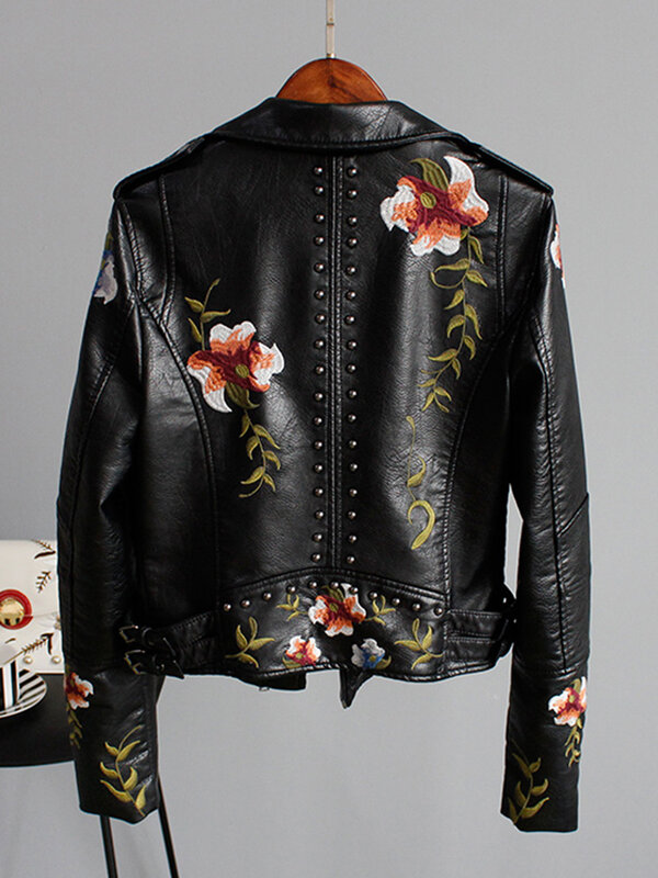 Floral Print Embroidered Faux Soft Leather Jacket Women's Pu Motorcycle Jacket Women's Black Punk Studded Jacket For Women
