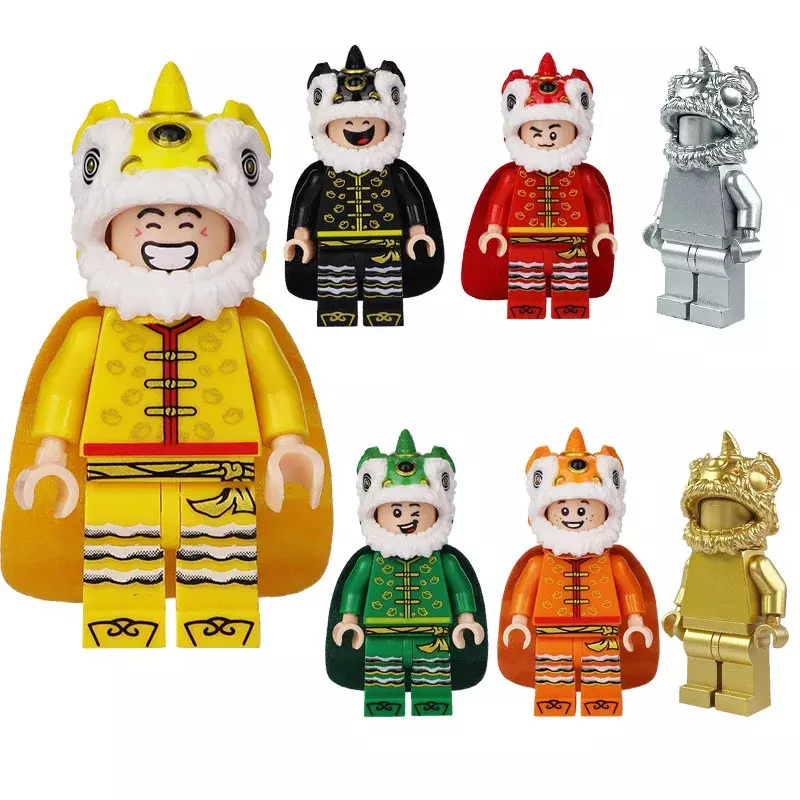Blok bangunan figur Singa Naga menari 2023 tokoh boneka kantong gaya Tiongkok blok bangunan ornamen Tahun Baru Tiongkok