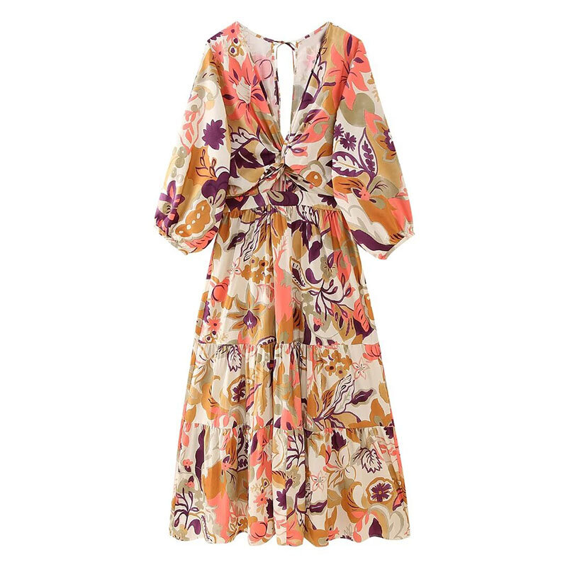 Vintage Casual moda damska z nadrukiem kwiatowy dekolt w szpic sukienka bez pleców wiązana 2024 wiosennych i letnich wakacyjnych sukienek plażowych