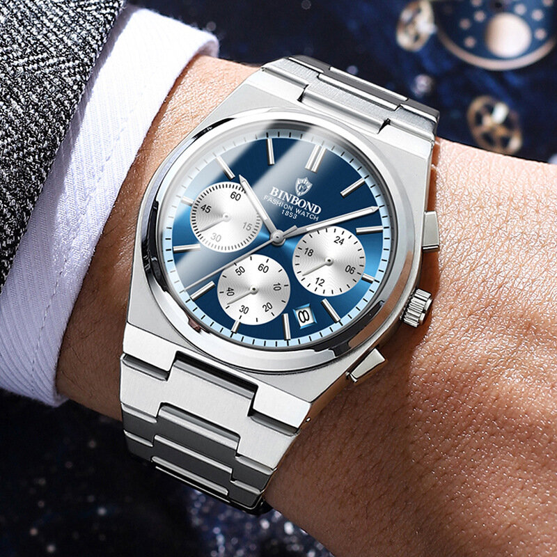Часы наручные мужские кварцевые с хронографом, роскошные спортивные водонепроницаемые светящиеся в деловом стиле, с датой, из нержавеющей стали