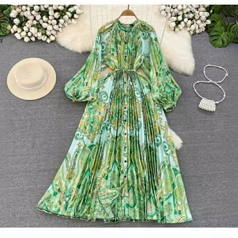 Luxurious Lantern with Long Sleeves Waistband Slimming Effect Single Breasted Printed Dress Elegant Long Skirt