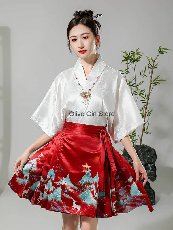 2024 Dynastia Ming Hanfu Oryginalny codzienny zestaw z nadrukiem Spódnica z twarzą konia Ulepszona odzież damska Tradycyjna chińska sukienka dla dziewczynek