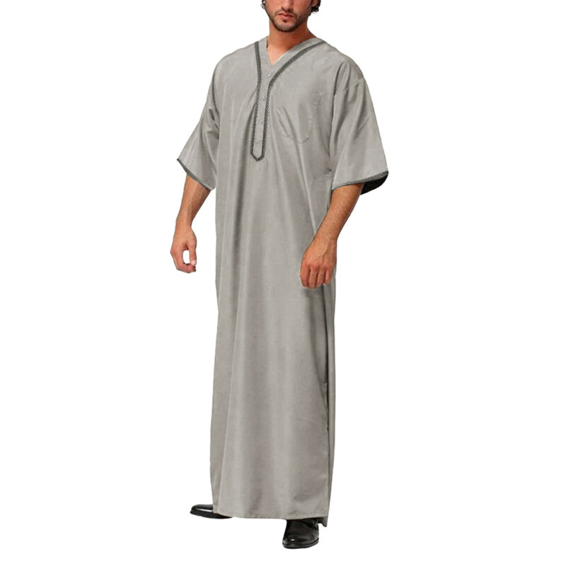 Islamic Kaftan Men Half Sleeve Solid Color V Neck Muslim Clothing Loose Casual Pakistan Saudi Ara Dubai Jubba Thobe Plus Size