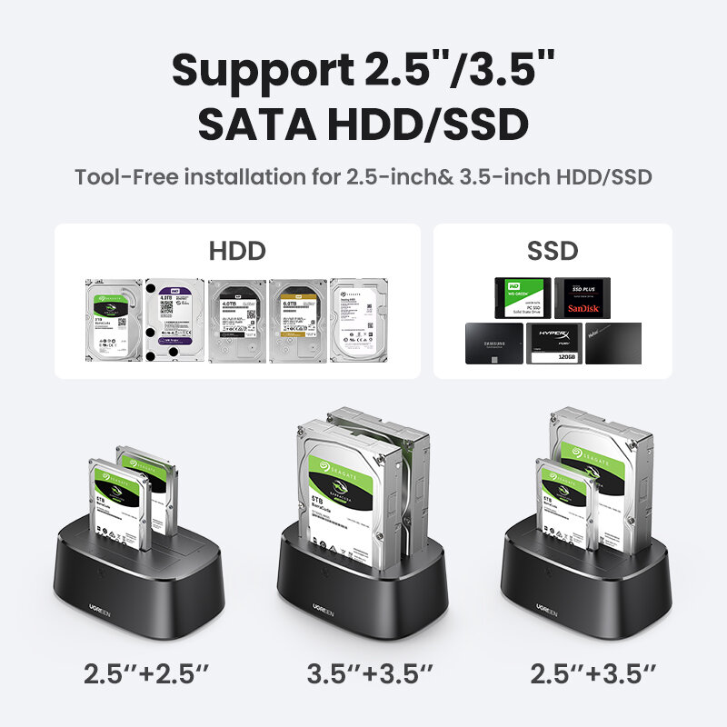 UGREEN-estación de acoplamiento para disco duro, adaptador SATA a USB 3,0 para 2,5, 3,5, SSD