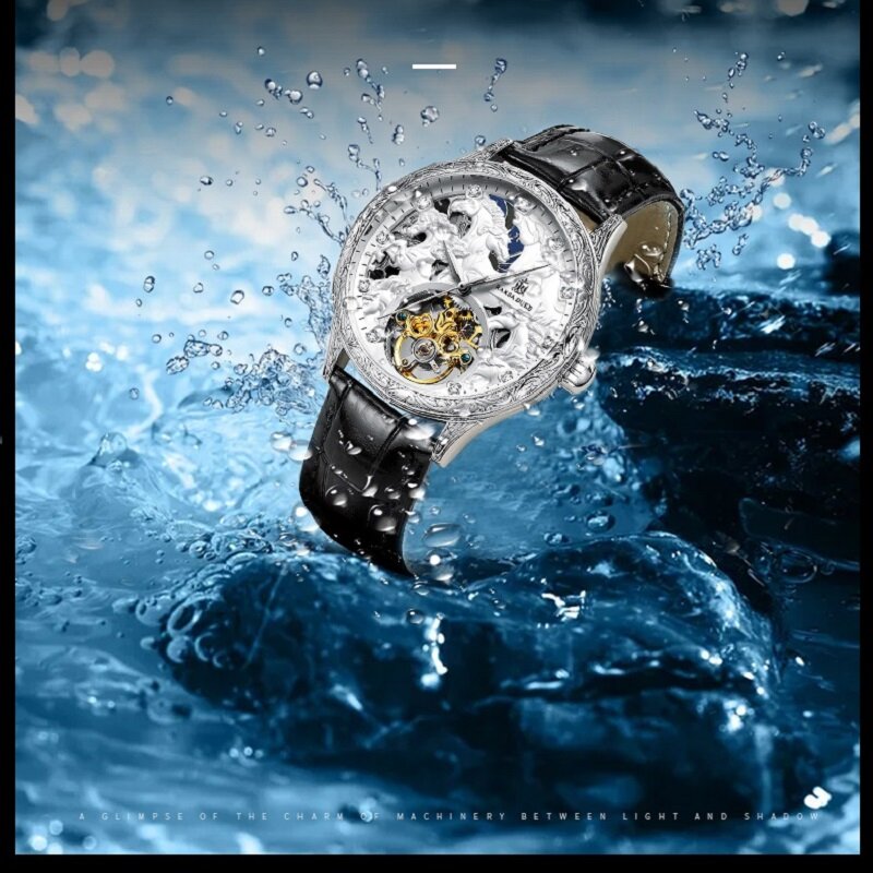 メンズメカニカル腕時計,3D刻印ダイヤル,スケルトン,トゥールビヨン,耐水性