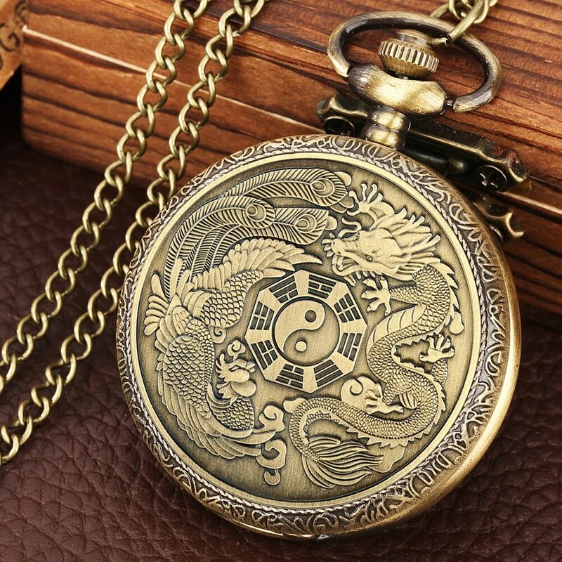 Collier pendentif en bronze Dragon Phoenix pour hommes et femmes, montre de poche, amulette porte-bonheur, mascotte de la paix, style chinois, potins, cadeaux