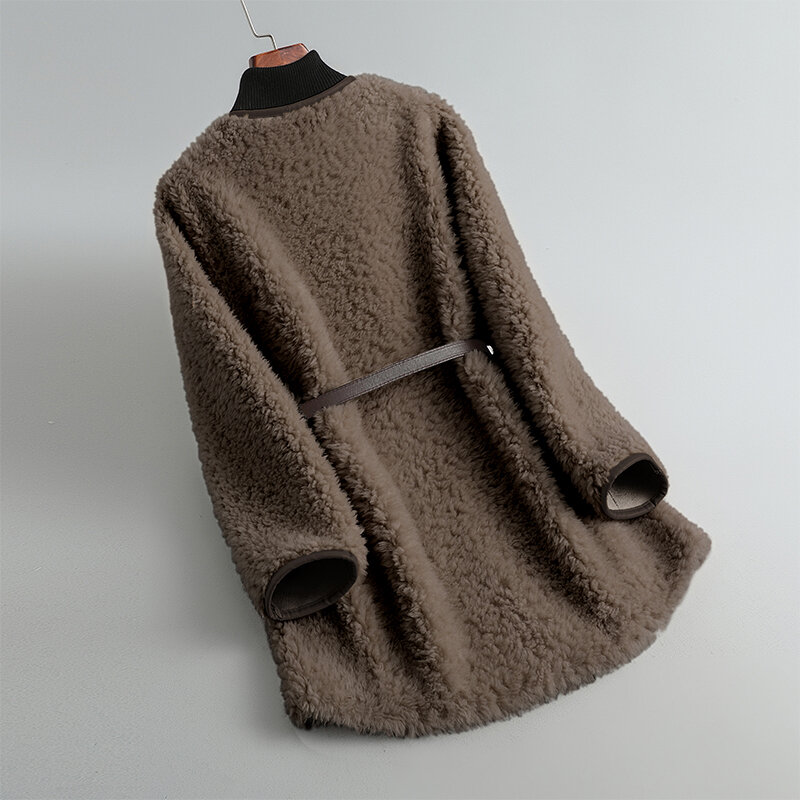 Abrigo de lana de oveja de Cachemira para mujer, abrigo con cuello en V, longitud media, 2023 lana integrada, Invierno