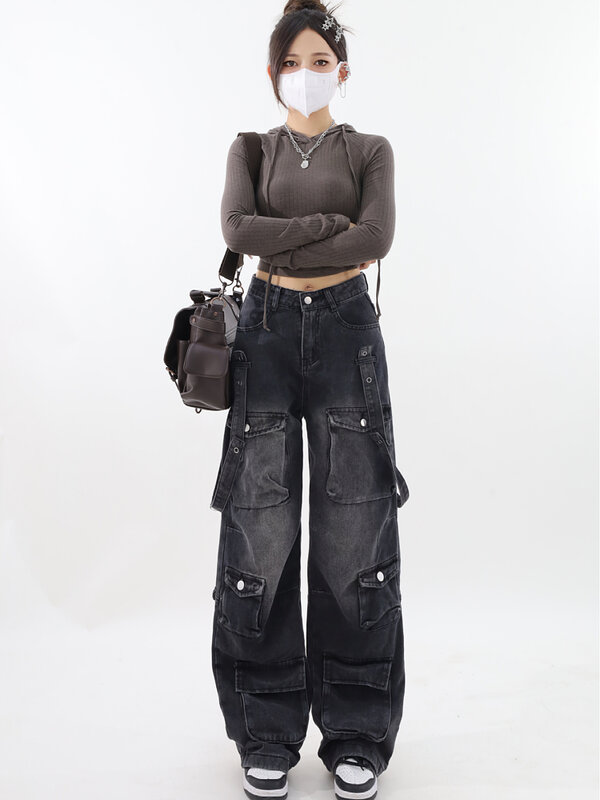 Vrouwen Vintage Gothic Cargo Jeans Y 2K Wijde Pijpen Denim Broek Oversized 2000S Hoge Taille Jeans Koreaanse Baggy Broek 90S Jeans