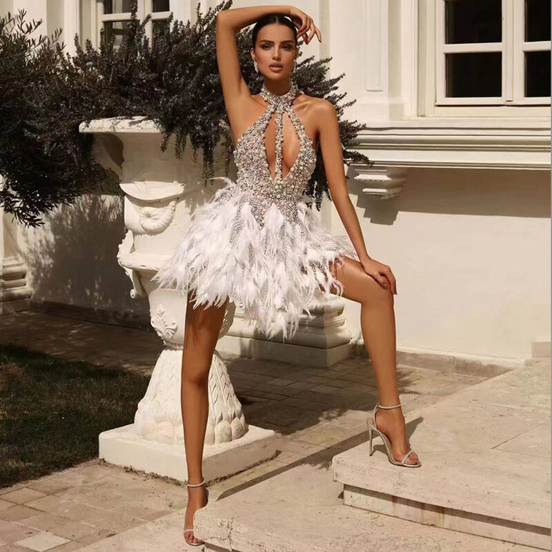 2023 gaun pesta kustom baru seksi suspender berlian payet cetakan bulu berlian imitasi bungkus bokong gaun panjang gaun performa