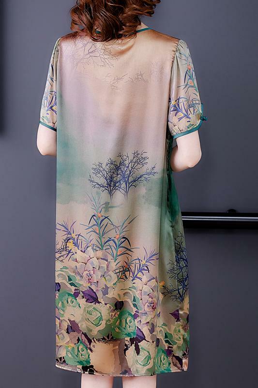 2023 Summer New Women's Short Sleeve Printed Temperament Round Neck Loose Cheongsam Slim Fit Medium Length Silk Dress