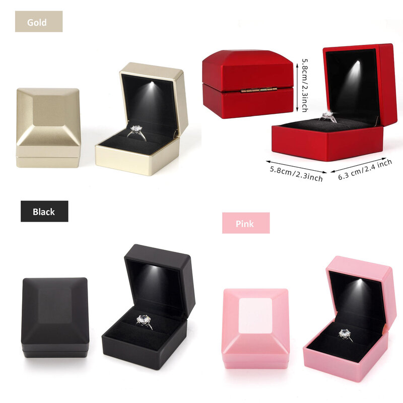 Cajas de anillo de compromiso de propuesta de luz LED de lujo, caja de regalo de joyería, caja de anillo de vino tinto para boda, aniversario del Día de San Valentín