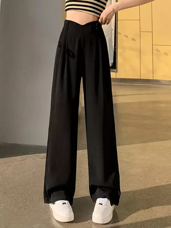 Celana kaki lebar wanita, gaya Vintage Chic kancing warna murni sederhana hitam Khaki Streetwear kasual pinggang tinggi tidak beraturan