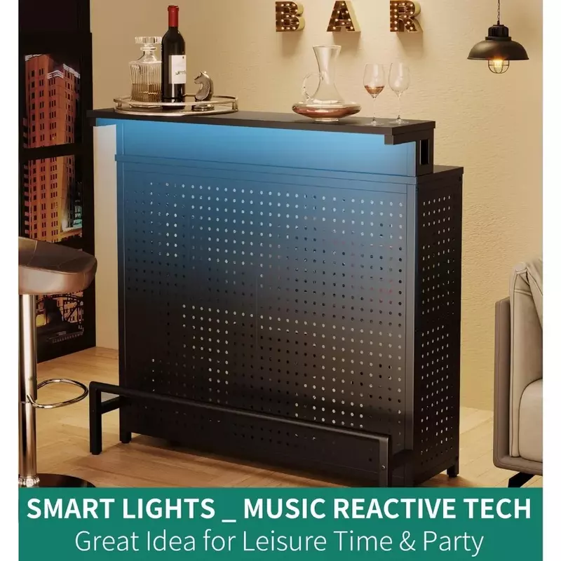 Mini Home Bar Gabinete Unidade com Luz LED, Sensoriamento de Música, Vinho, Vinho, Café, Stand com Contador, Preto, Sala