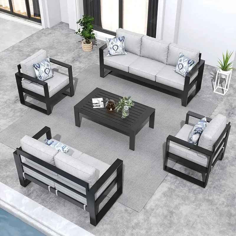 Modern Aluminum Patio Furniture Set, Outdoor Patio Sectional Conversation Metal Seating Sets with Olefin Cushion and Table