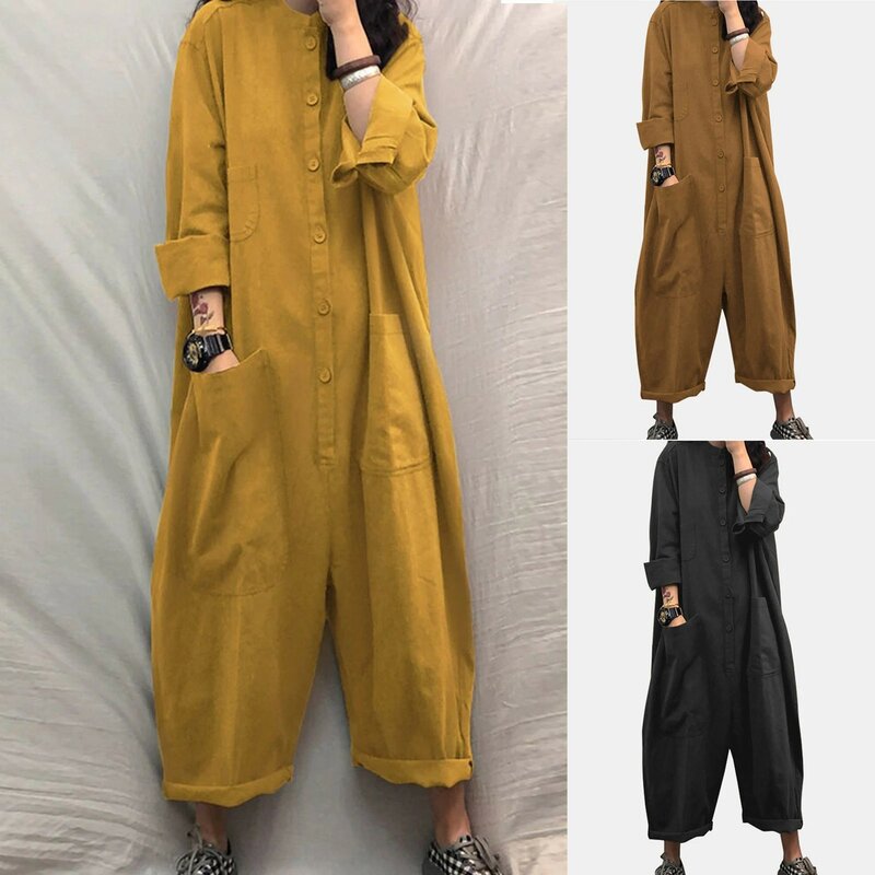 Women'S Round Neck Jumpsuits Casual Fashion Temperament Solid Long Sleeve Button Cargo Jumpsuits Loose All-Match Street Style