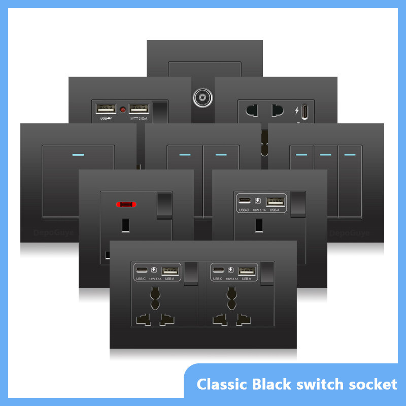 Tomada de parede universal com USB tipo C, preto, plugue de carga rápida, interruptor de luz elétrica, Reino Unido, 13A, 18W, 220V