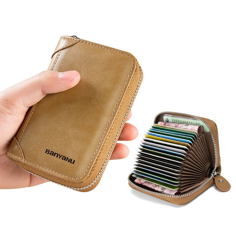 Multi Slot Cards Holder para homens, carteira de couro genuíno, bolsa de bloqueio RFID, crédito do banco comercial, bolsa de identificação do ônibus, capa, bolsa de moedas