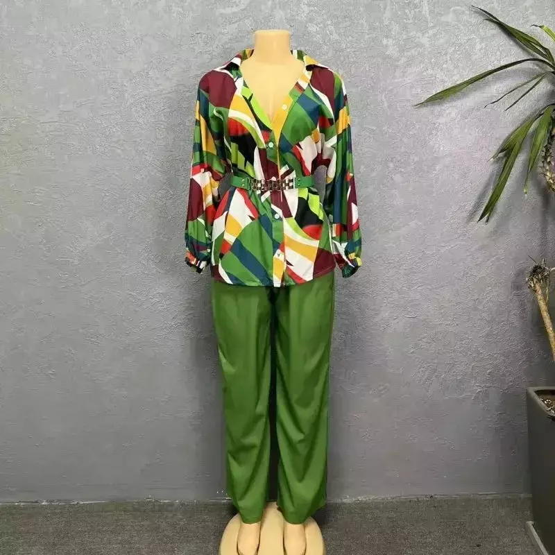 Conjunto de ropa Africana elegante para mujer, Top de manga larga con cuello en V, pantalón largo estampado, conjuntos a juego, Otoño, 2 piezas