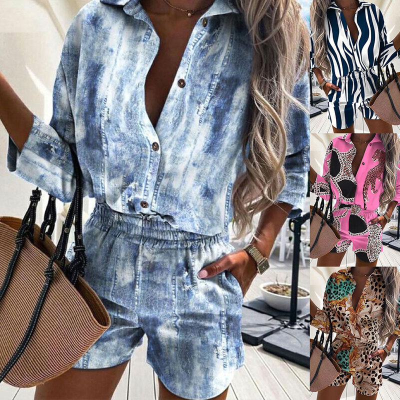 Casual Two Piece Sets Womens Outfits Lady Spring Leopard Print Button Shirt Top And Shorts 2 Piece Set Summer Beach Shorts Women