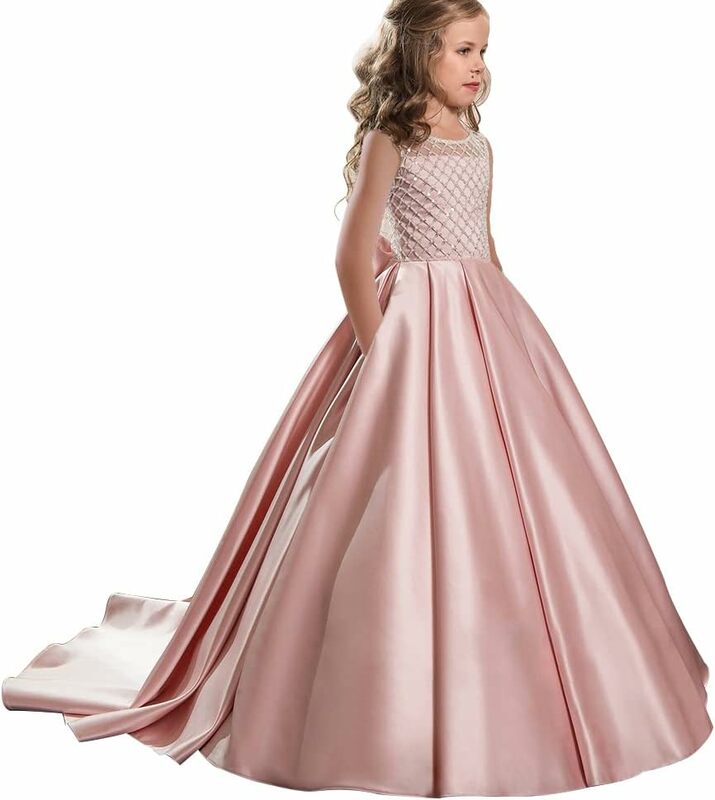 فستان فتاة وردي من الساتان للزفاف ، مزين بالخرز ، طول أرضية منتفخ ، ثوب الكرة بالتواصل الأول ، فستان الأميرة للأطفال