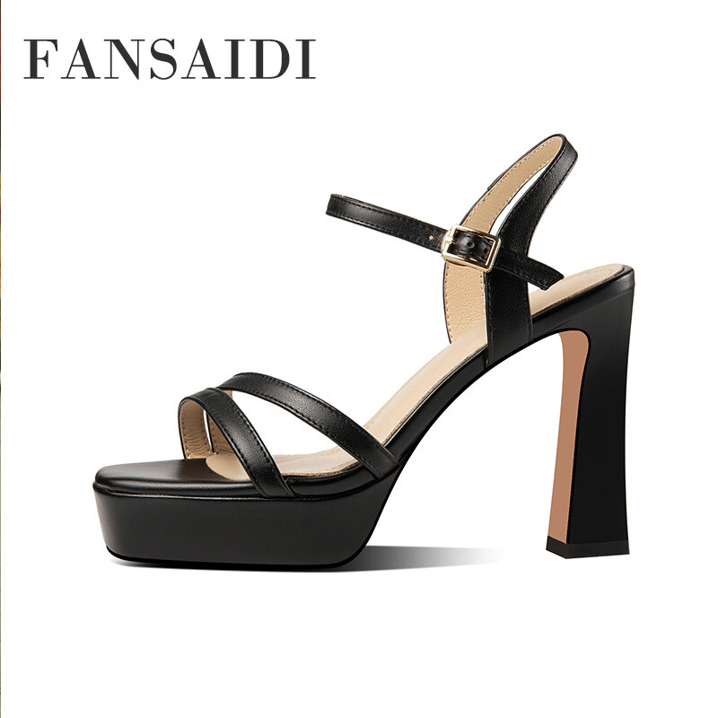 Fansaidi-女性のための正方形のつま先のサンダル,エレガントな白い靴,バックル,ファッション,ブロック,ヒール,厚底,防水,40,2023
