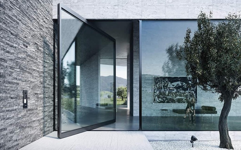 Novo design e venda quente vidro temperado pivô de alumínio porta da frente com grande painel de vidro