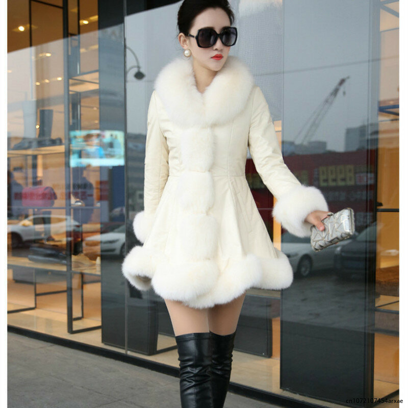 Jaqueta de couro PU com gola Faux Fox Fur para mulheres, casaco longo grosso, jaquetas femininas, S-6XL, inverno