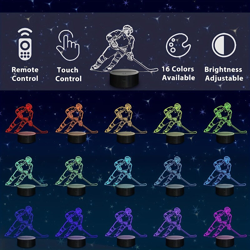 Hockey Player 3D Illusion Luz, Controle Remoto, Criativos, Aniversário, Presente de Natal, Decoração do Quarto, 7 Cores, 16 Cores, Variações