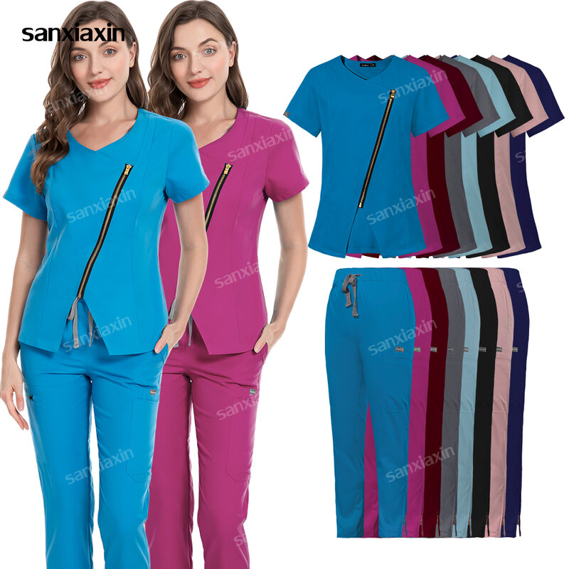 Setelan pakaian kecantikan wanita seragam medis pas badan blus celana set scrub Suster Rumah Sakit Dental pakaian kerja klinis aksesoris bedah