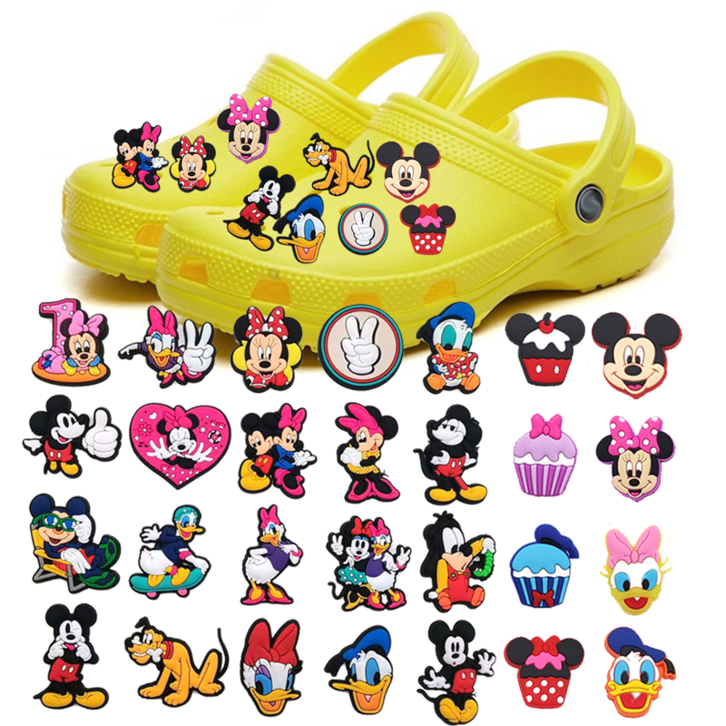 Aksesori dekorasi anak perempuan, Disney 1 buah lucu Mickey & Minne PVC pesona sandal kartun bakiak DIY pin dekorasi hadiah pesta x-mas