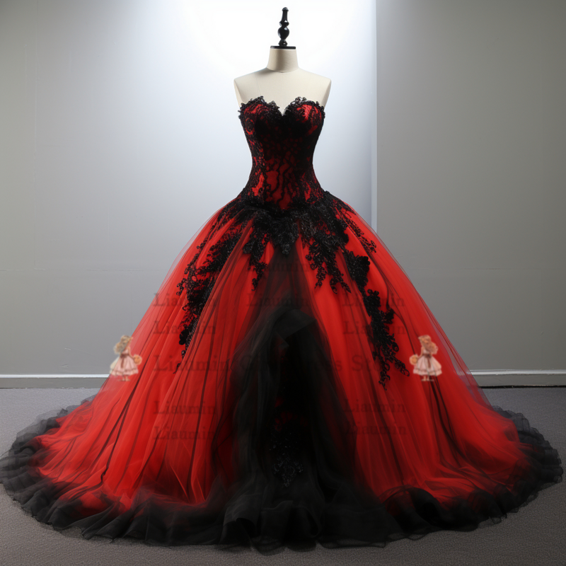 Red Tulle and Black Lace Edge Applique V Neck Ball Gown Full Length Lace Up Evening Dress Formal Occasion Elagant Clohing W3-9