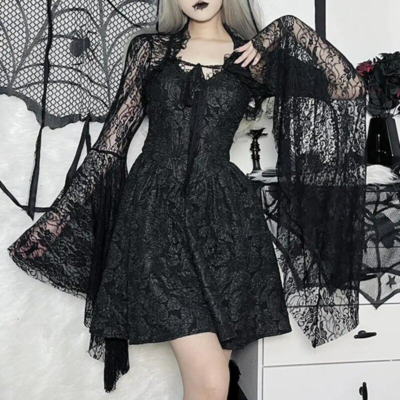 Elegant Lace Cardigan Elegant Vintage Black Lace T-shirt with Flared Sleeves Sexy See Through Smock Top Cropped for Women