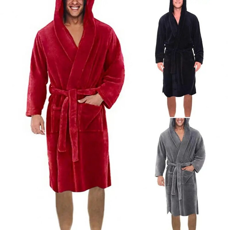 男性用フード付きナイトガウン、ポケットとベルト付き長袖バスローブ、フリースホームガウン、暖かいパジャマ、冬