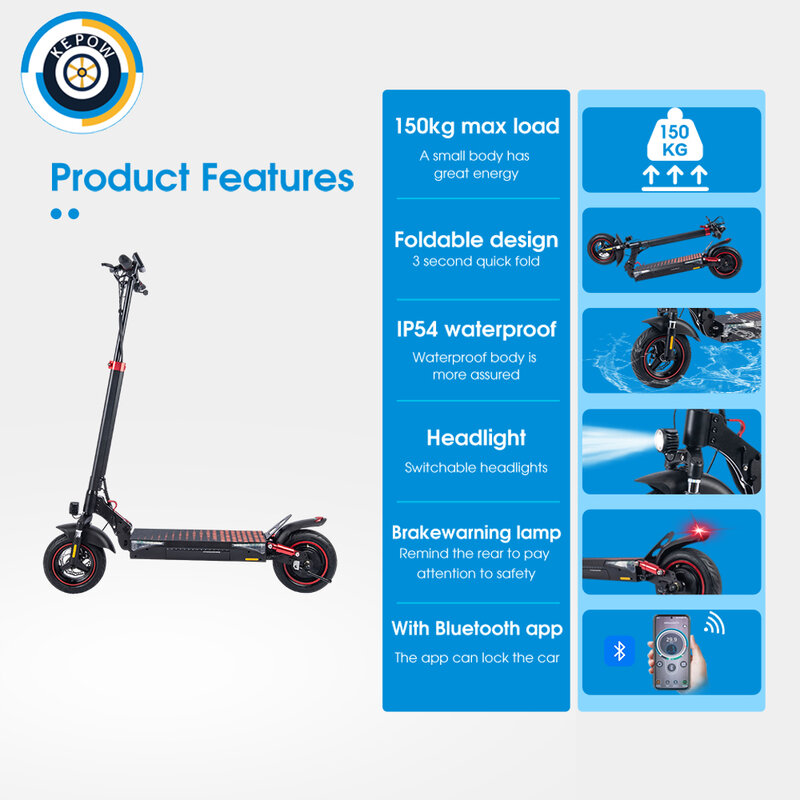 Kepow 10inch T4 Electric Scooter  Powerful 600W Electric Kick Scooter  OFFroad Tire 12.5AH E-Scooter 45Km/H 40-45km Range