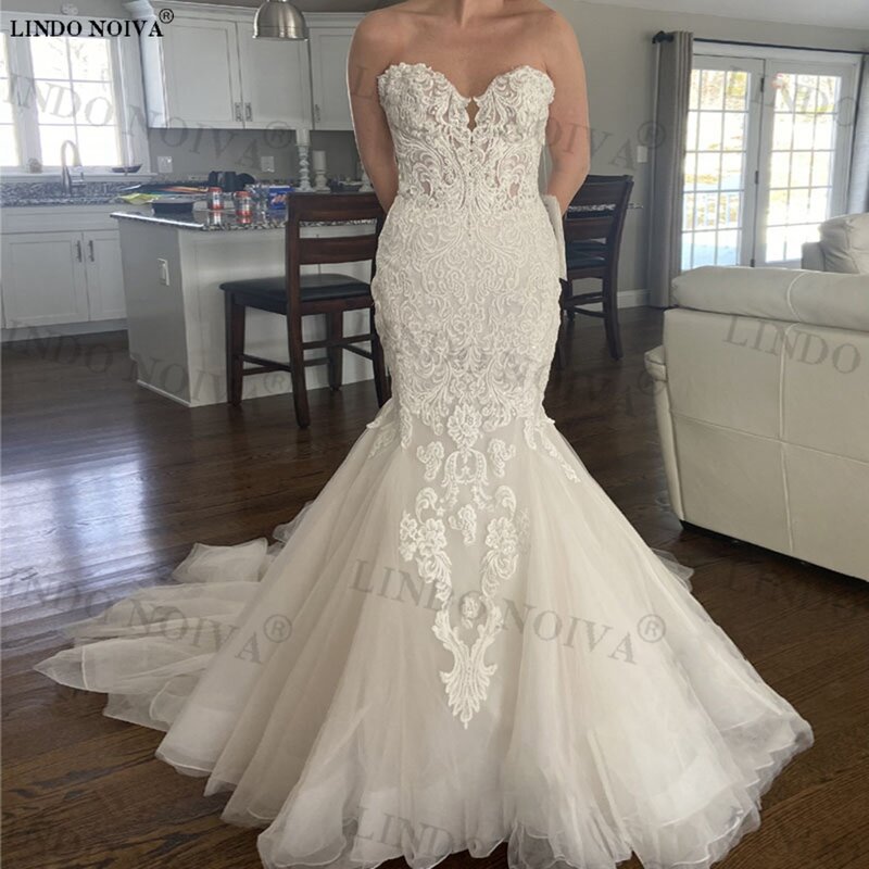LINDO NOIVA 2023 Pretty Appliques Tulle Mermaid Wedding Dresses Strapless Sweetheart Buttons Backless Mopping Bride Gown Vestido